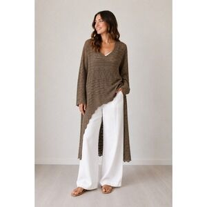 KNIT MIX Pointelle Crochet‎ Tunic Sweater Beachy Lagenlook Boho Festival Brown M
